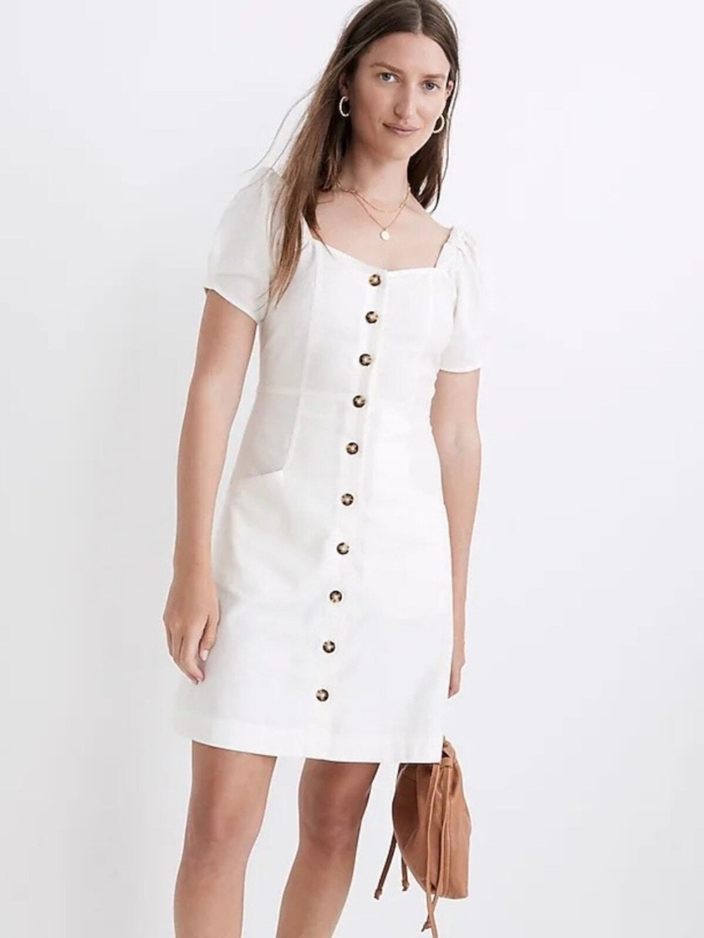 Madewell Linen & Cotton White Button-Front Dress with Puff Sleeves NWT